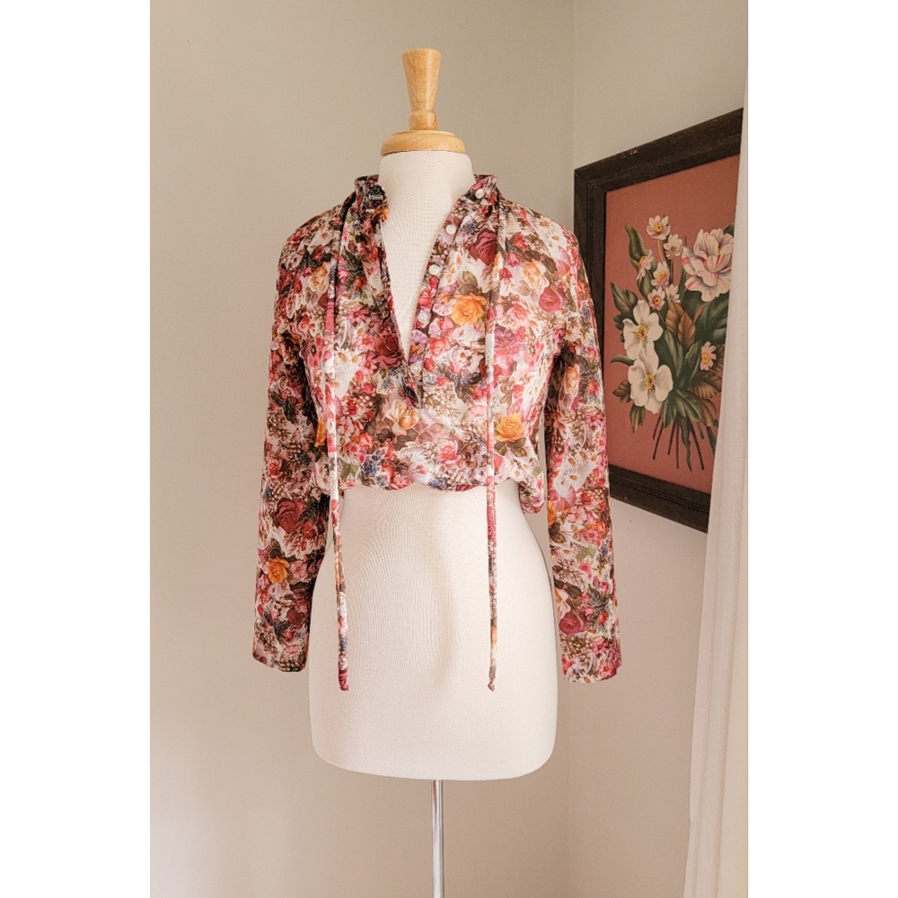 70s Floral Long Sleeve Tie Neck or Waist 1970s Feminine Bohemian Vintage Blouse - Picture 9 of 16